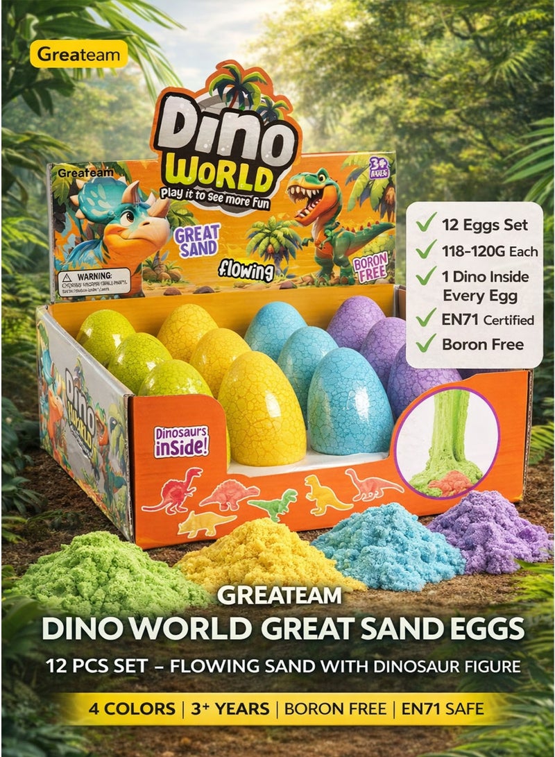 Greateam Dino World Great Sand Eggs Set of 12 PCS 118-120G Flowing Kinetic Sand with 1 Surprise Dinosaur Figure Inside Each Egg 4 Colors (Blue Purple Green Yellow) Boron Free EN71 Certified Safe Sensory Stretchy Sand Toy for Kids Boys & Girls Ages 3+ Educational Learning Gift Party Favors Collectible Dino Figures - Image 2